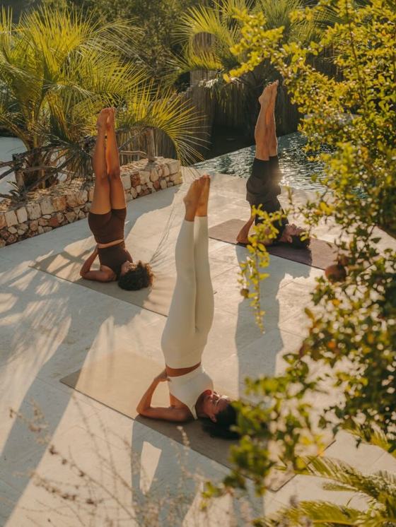 Two women in headstands on yoga mats in a sunlit garden