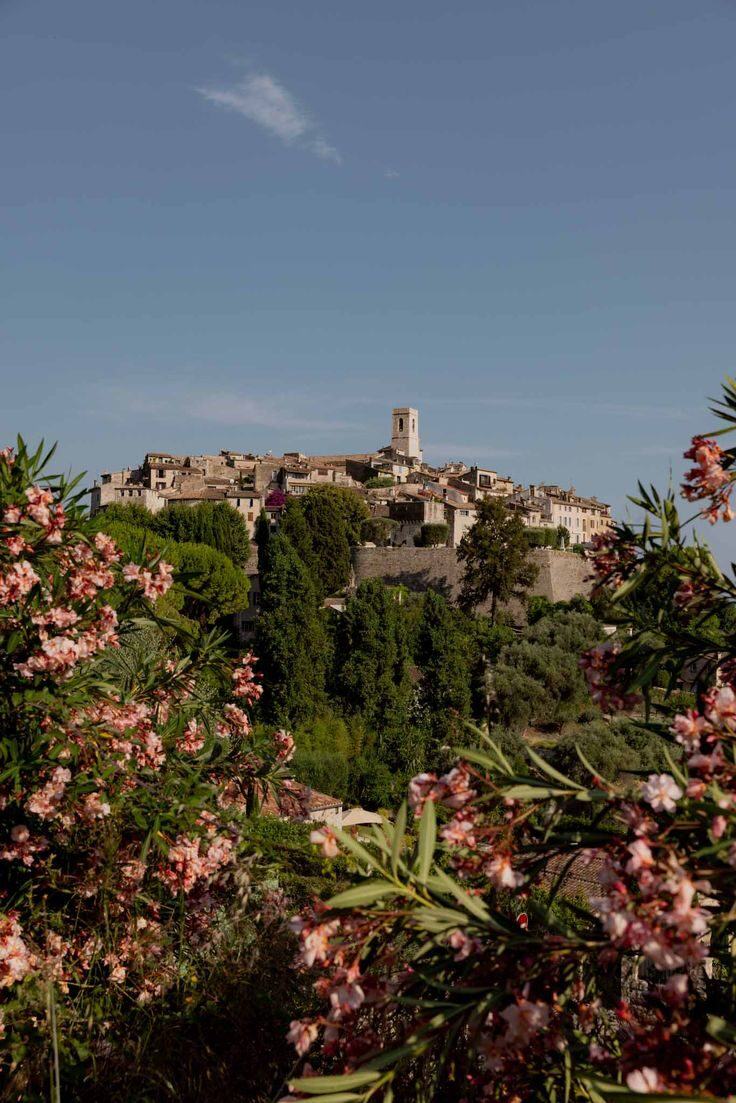 A hilltop village in Provence seen through sprays of pink oleander
