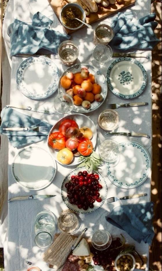 A table seen from above, laid with fruit and blue and white plates